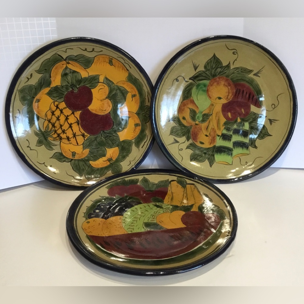 Set Of 3 Talavera Hand Painted Decorative Plates 11.5” Fruit Mexico Lead Free
